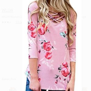 NWT Crisscross Round Neck Floral Print Top